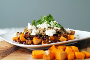 Vegetarische maaltijd met linzen, pompoen, wortel en aubergine puree